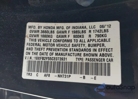 2012 Honda Civic Lx z USA, uszkodzony, nr VIN 19XFB2F55CE073931